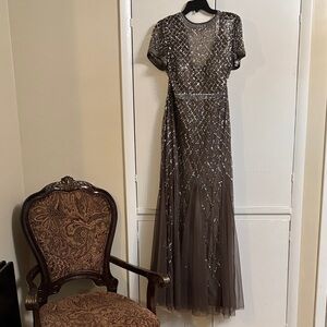Adrianna Papell Beaded Taupe Maxi Gown